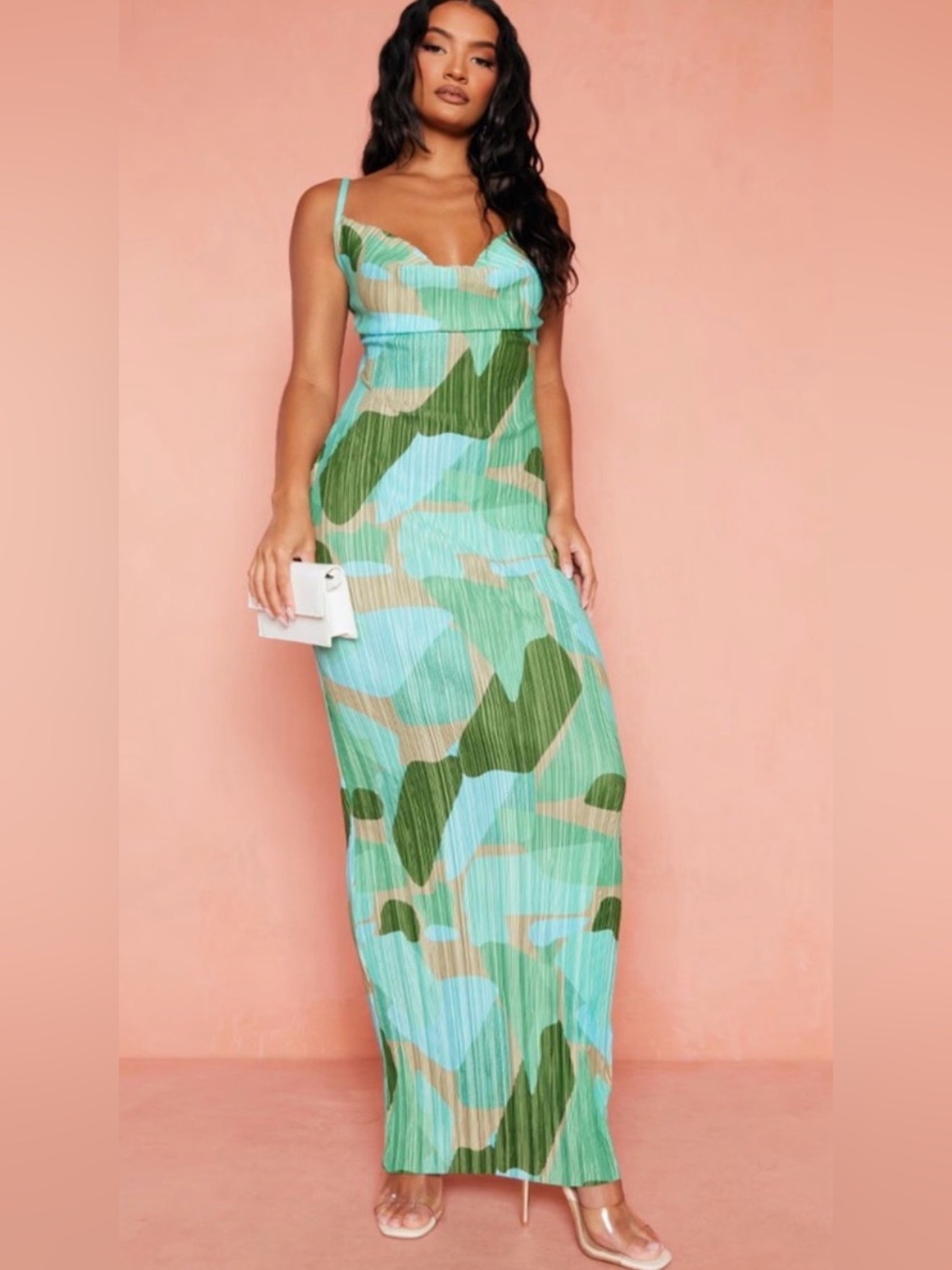 PLT GREEN ABSTRACT PRINT PLISSE STRAPPY MAXI SUMMER DRESS Sz 10